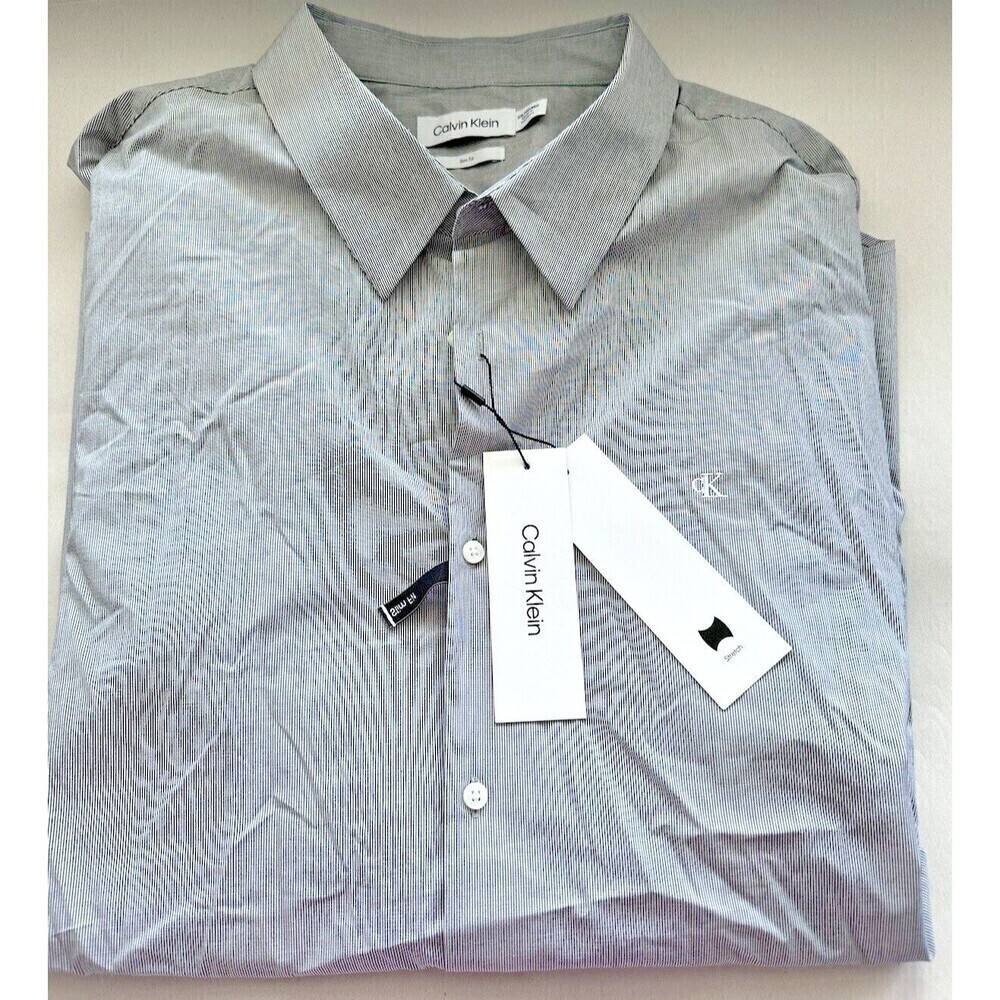 Calvin Klein Mens Slim-Fit Button-up Shirt Striped Stretch Black Gray Beauty 2XL